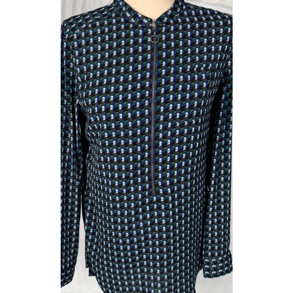 Halogen XS Blue Green Print Long Blouse Zipper Front Polyester - Picture 2 of 7